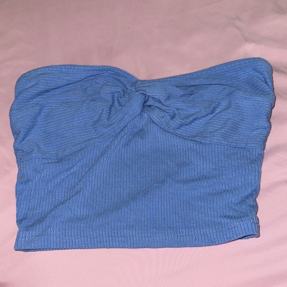 Blue Strapless Ribbed Top